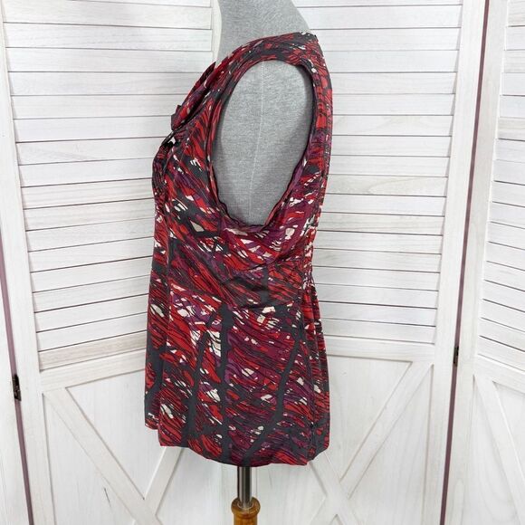 BCBGMaxAzria Abstract Print Knot Front Silk Blouse Sleeveless Black Red Medium - Picture 2 of 12